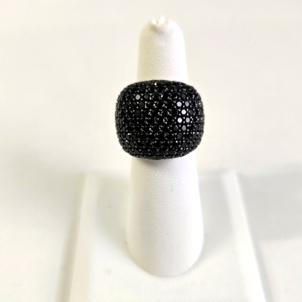 Sterling Silver 925 Bold Black Ring with Pavé Setting and Rounded Design
